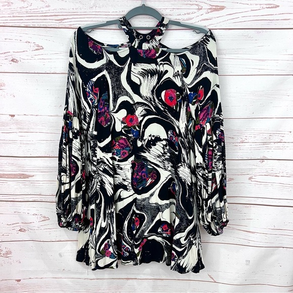 Free People Drift Away Boho High Collar Cold Shoulder Modern Swing Tunic Dress - Picture 4 of 13